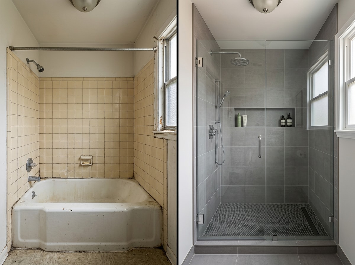 Bathroom before and after a tub removed and replaced with a tiled walk-in shower