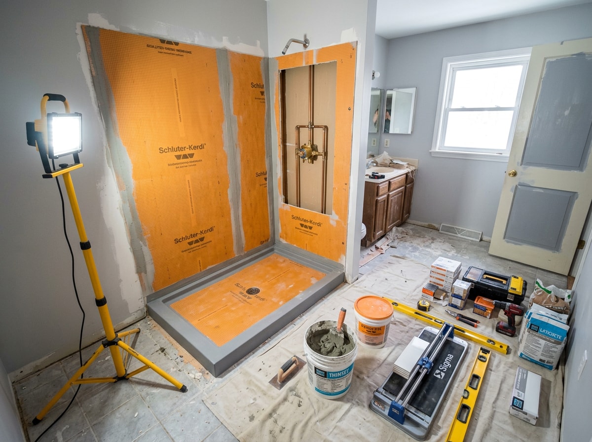 Step-by-step graphic of a tub-to-shower conversion installation timeline