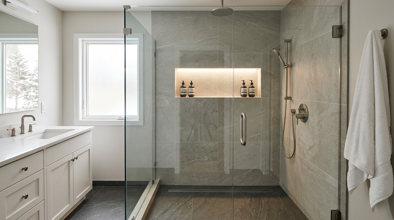 Newly converted walk-in shower replacing a bathtub in a Vadnais Heights, MN bathroom