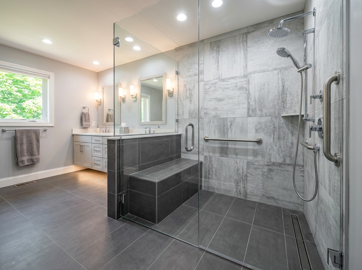 Walk-in barrier-free shower installed during an accessible bathroom remodel in White Bear Lake, MN