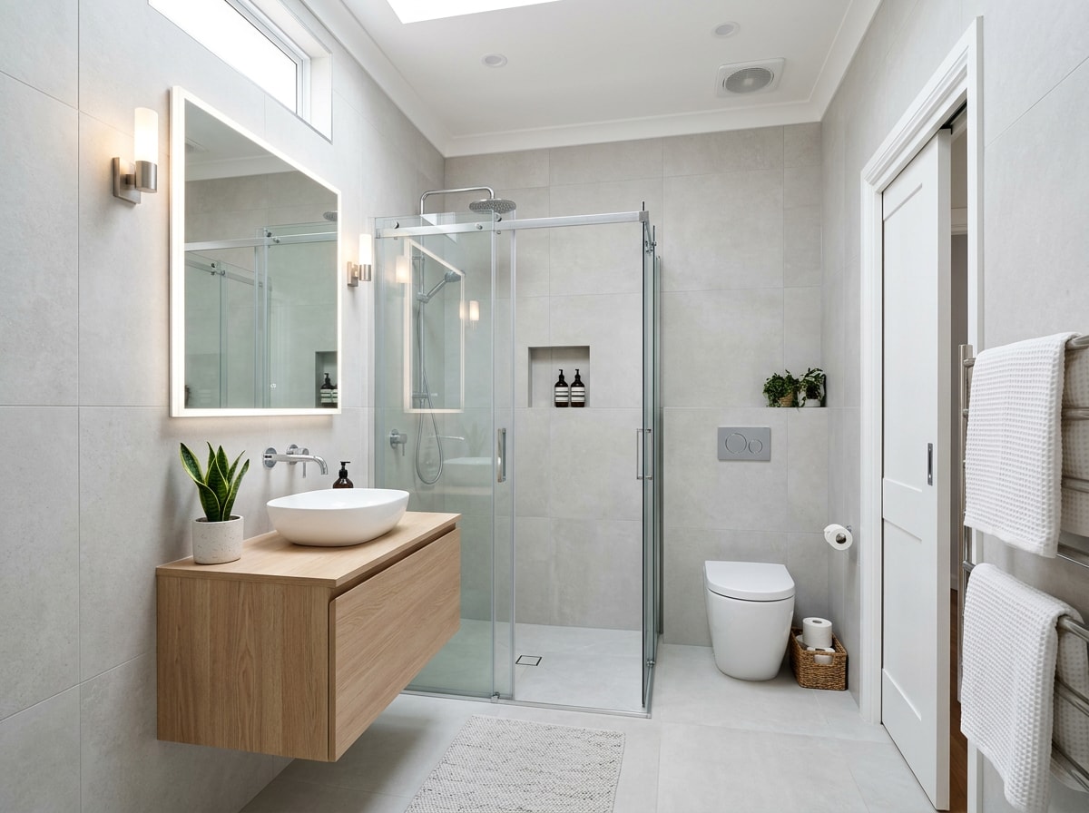 Compact small bathroom remodel in White Bear Lake featuring space-saving fixtures and large-format tile