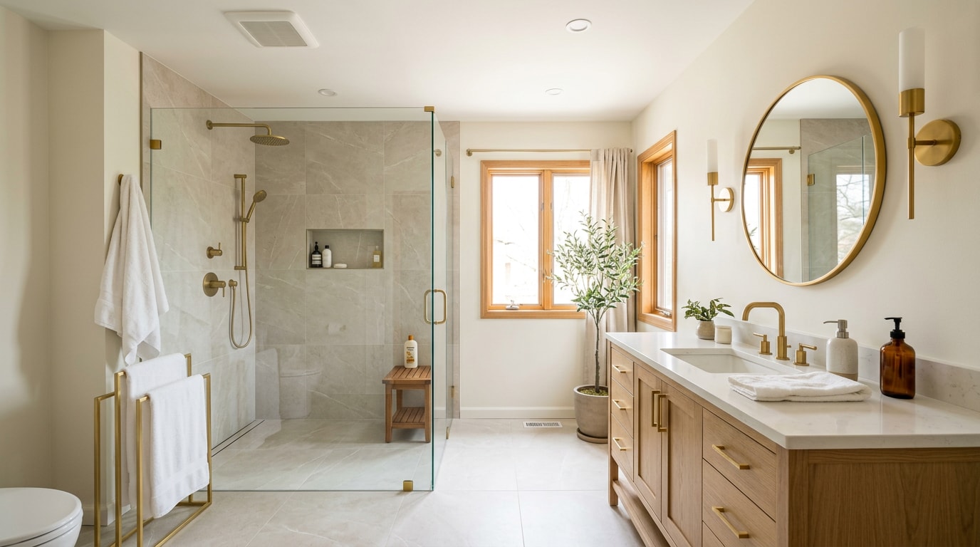 Finished bathroom remodel in a White Bear Lake, MN home with tile shower and modern vanity Finished bathroom remodel in a White Bear Lake, MN home with tile shower and modern vanity