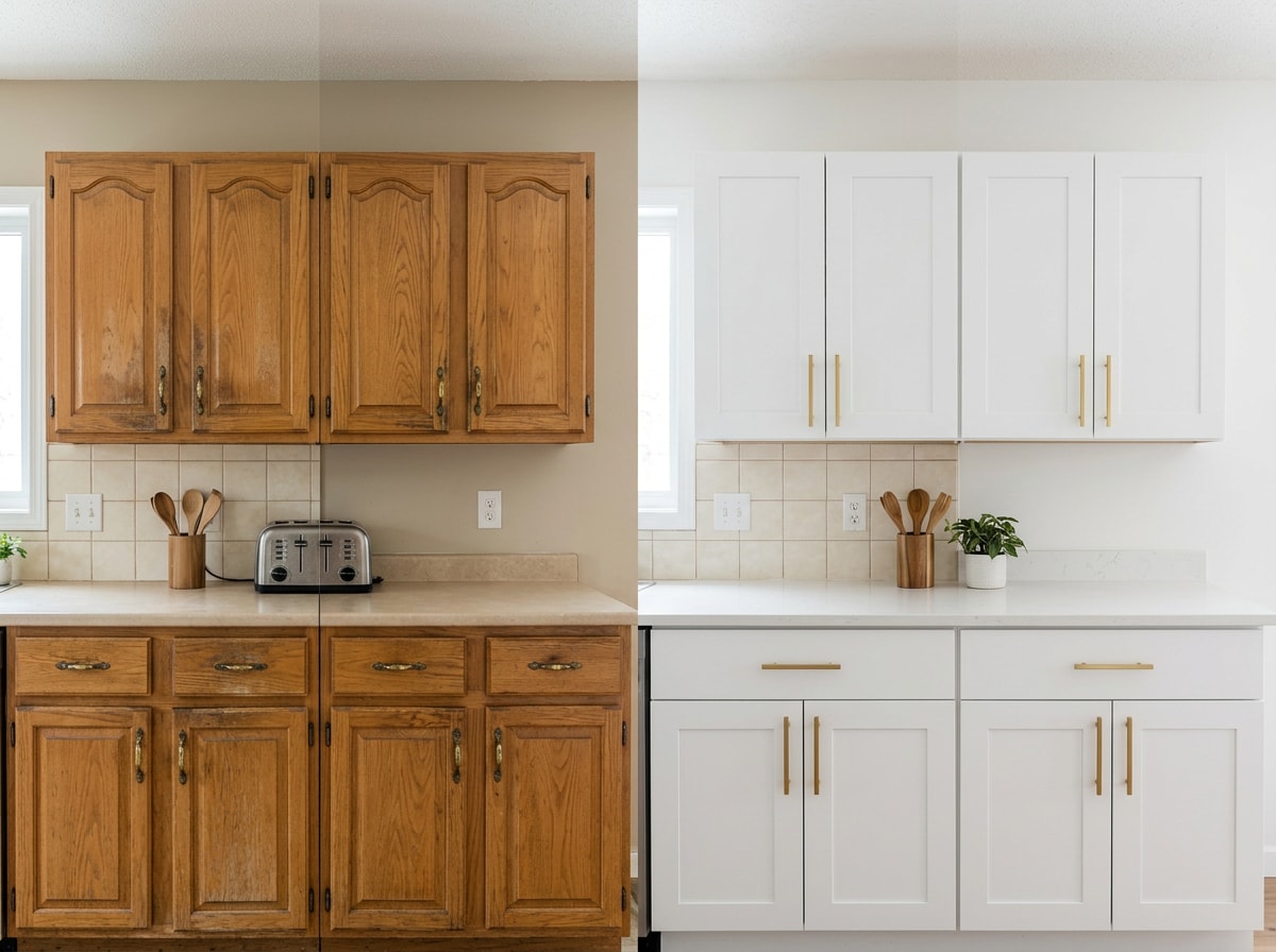 Before and after cabinet refacing photo showing honey oak cabinets transformed into white shaker-style cabinets