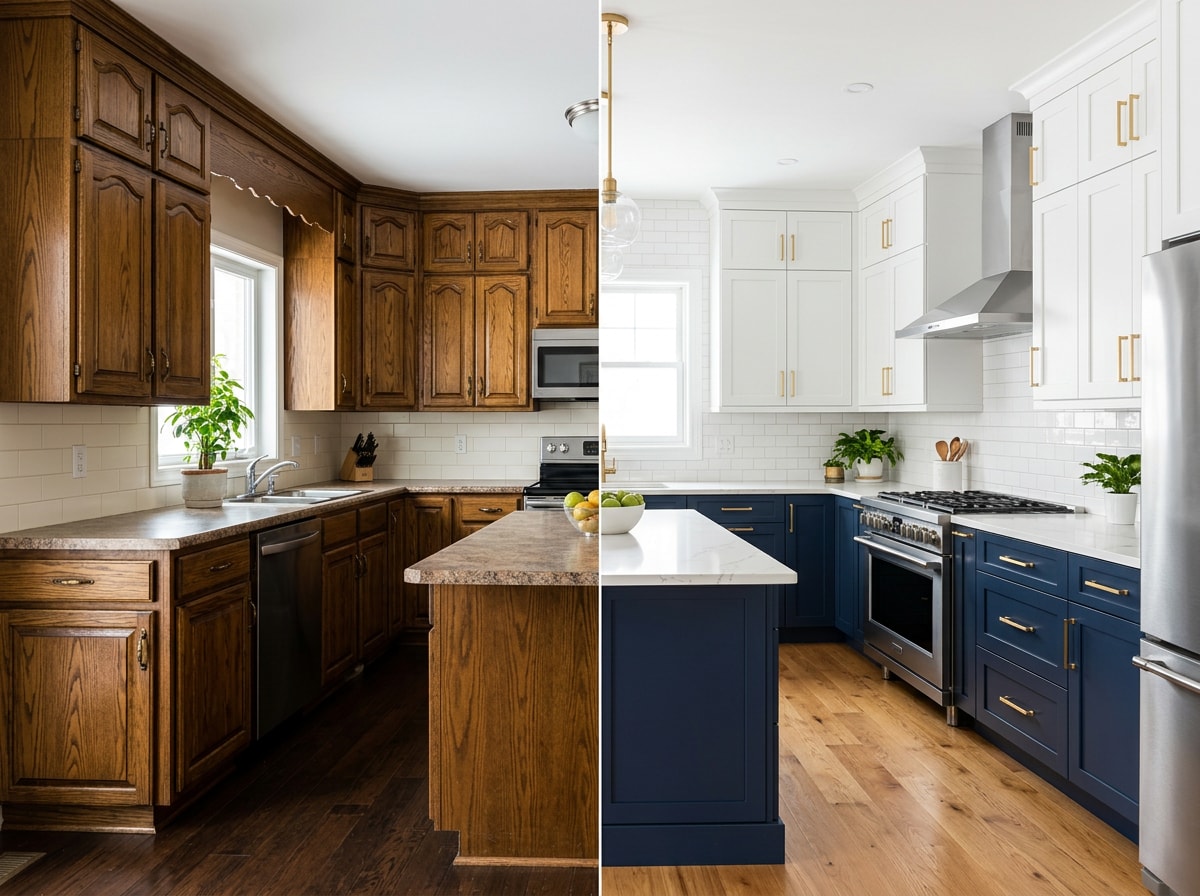 Side-by-side before and after comparison of two-tone navy and white kitchen cabinet refacing
