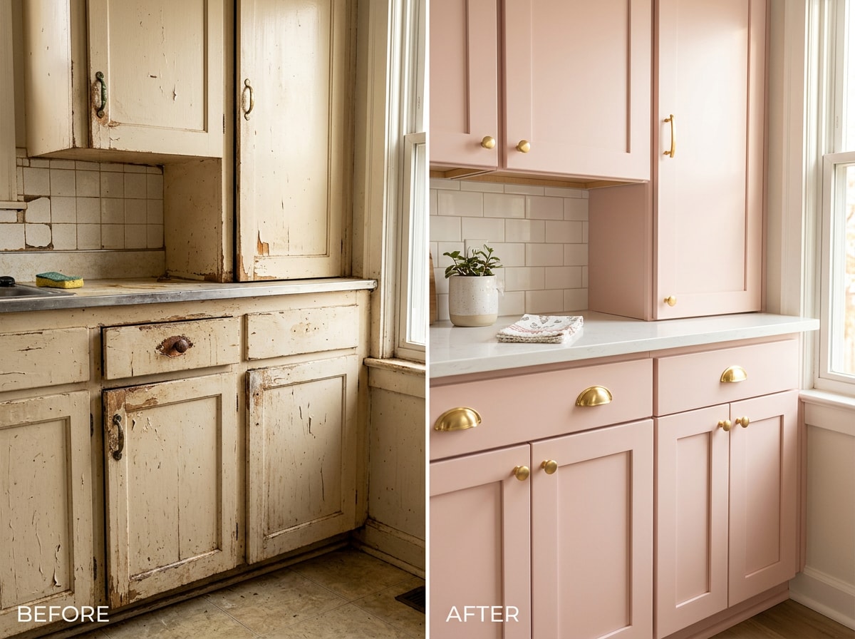 Before and after photo of vintage-style cabinet refacing with blush pink finish and brass hardware