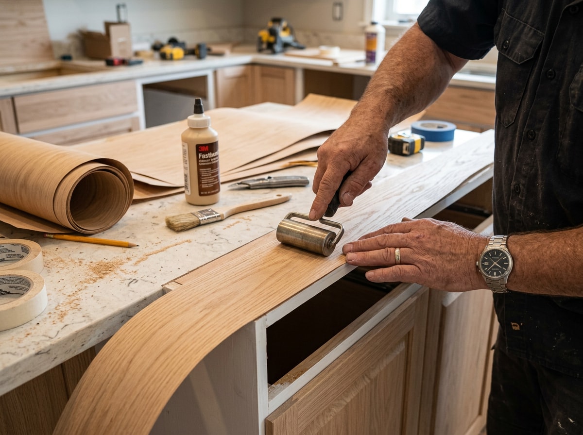 Installer applying matching veneer to a kitchen cabinet face frame during a refacing project