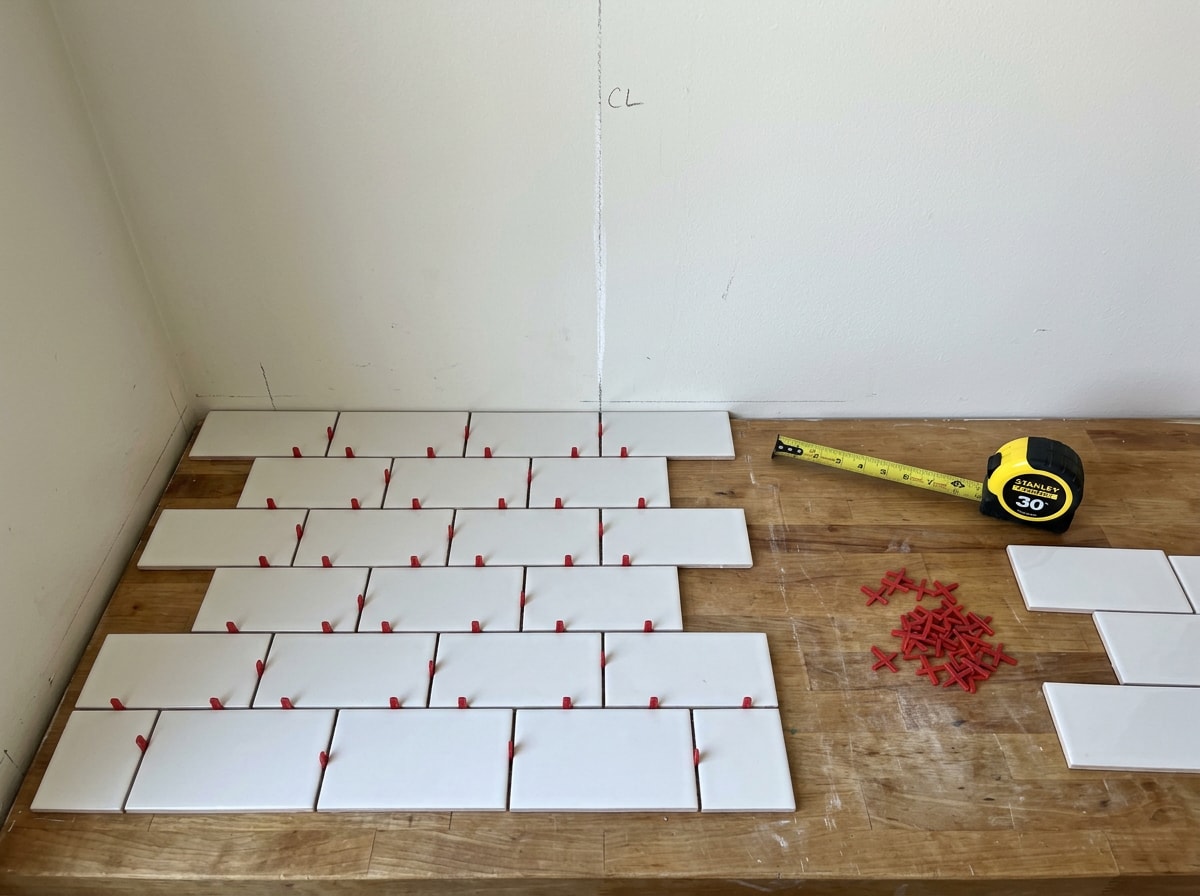 Dry-laid tile backsplash pattern with centerline marked on kitchen wall