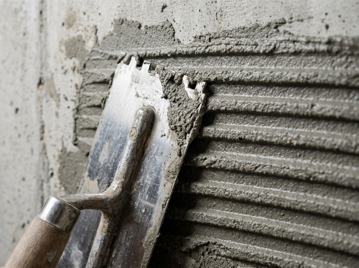 Close-up of notched trowel spreading thinset mortar for backsplash installation