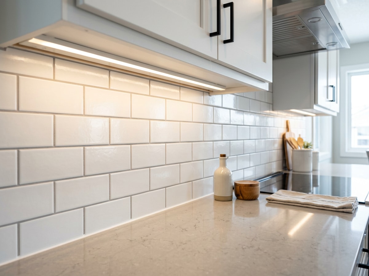 Finished tile backsplash with neatly caulked edges along countertop and cabinets