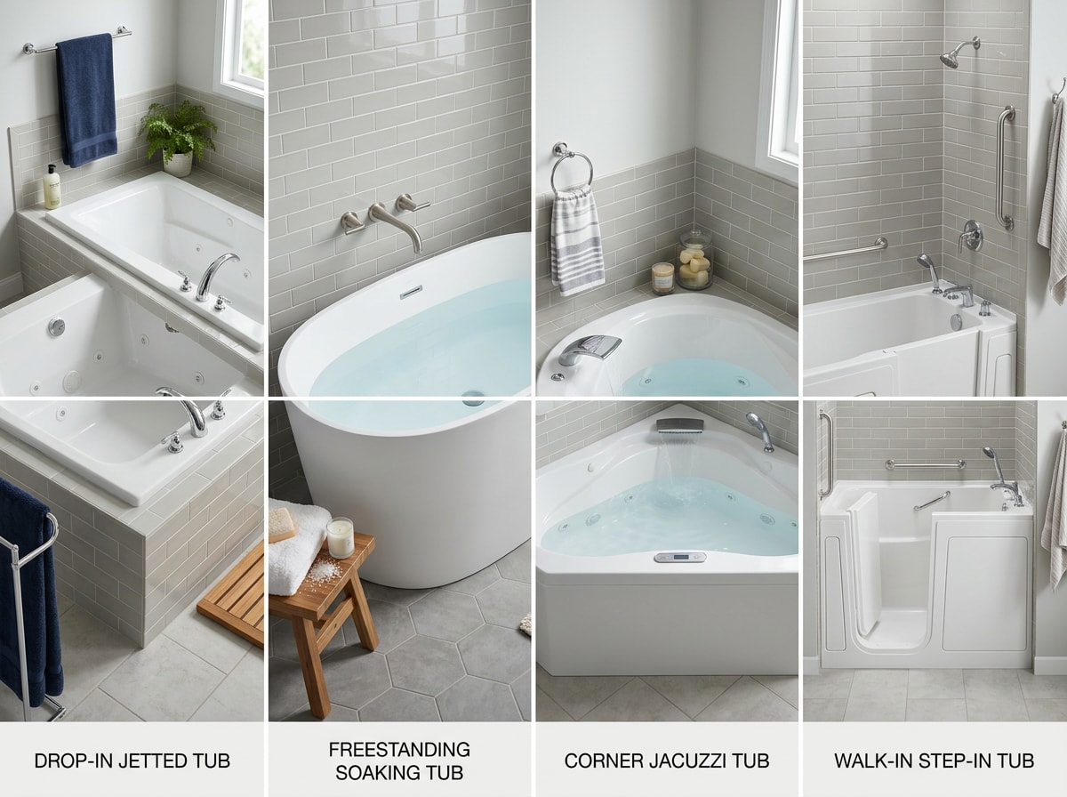 Side-by-side comparison of drop-in, freestanding, corner, and walk-in jacuzzi tub styles