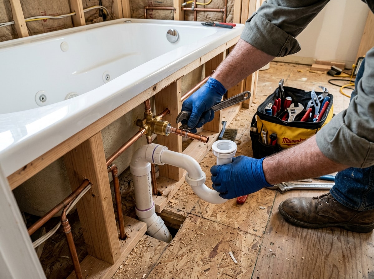Licensed plumber installing tub supply lines during a bathroom remodel