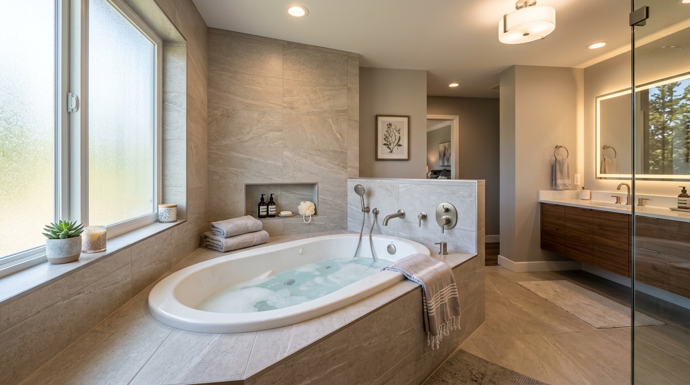 Finished bathroom remodel with a built-in jetted jacuzzi tub and tile surround Finished bathroom remodel with a built-in jetted jacuzzi tub and tile surround