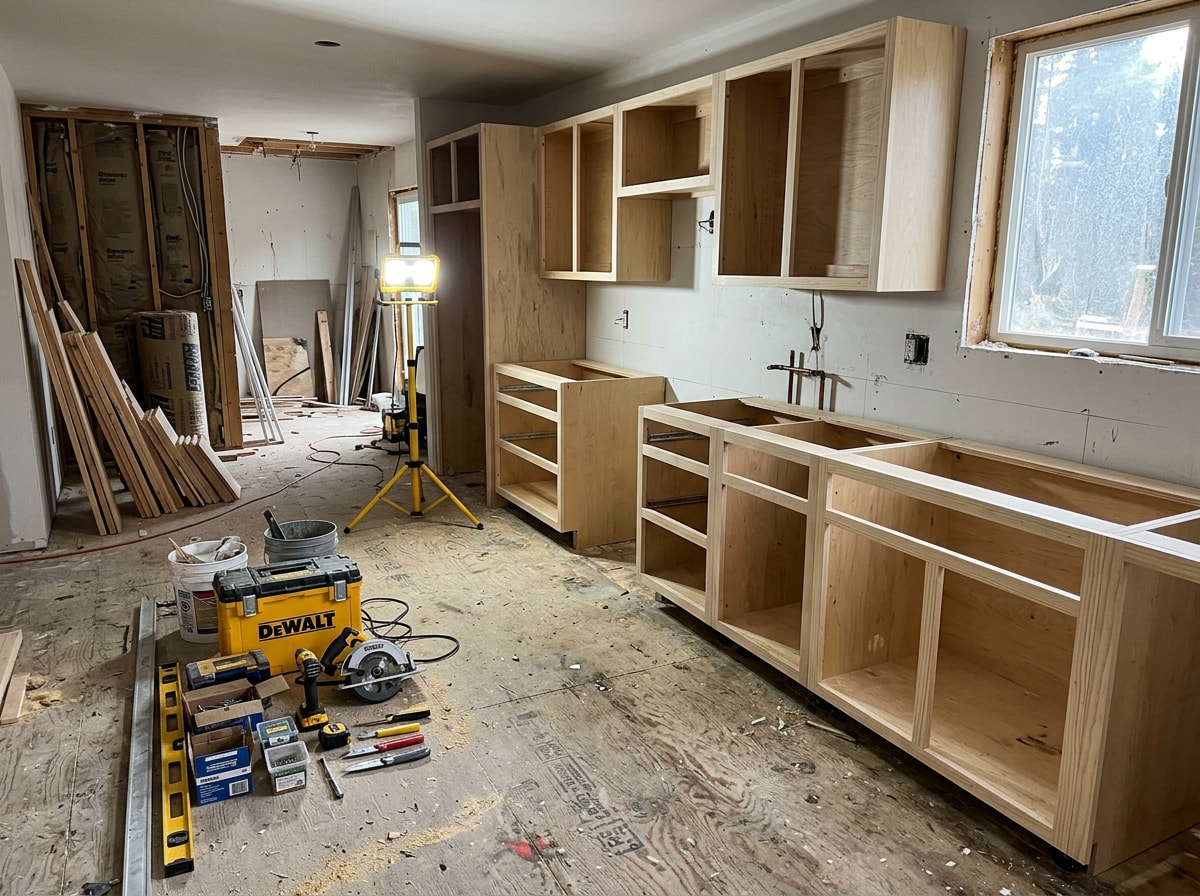 In-progress kitchen construction in a Stillwater, MN home showing new cabinetry installation