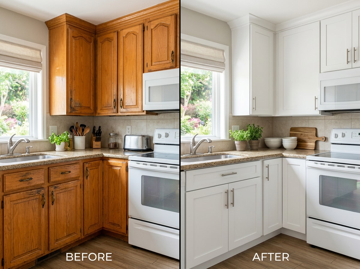 Before and after photo of refaced kitchen cabinets in a Stillwater, MN home