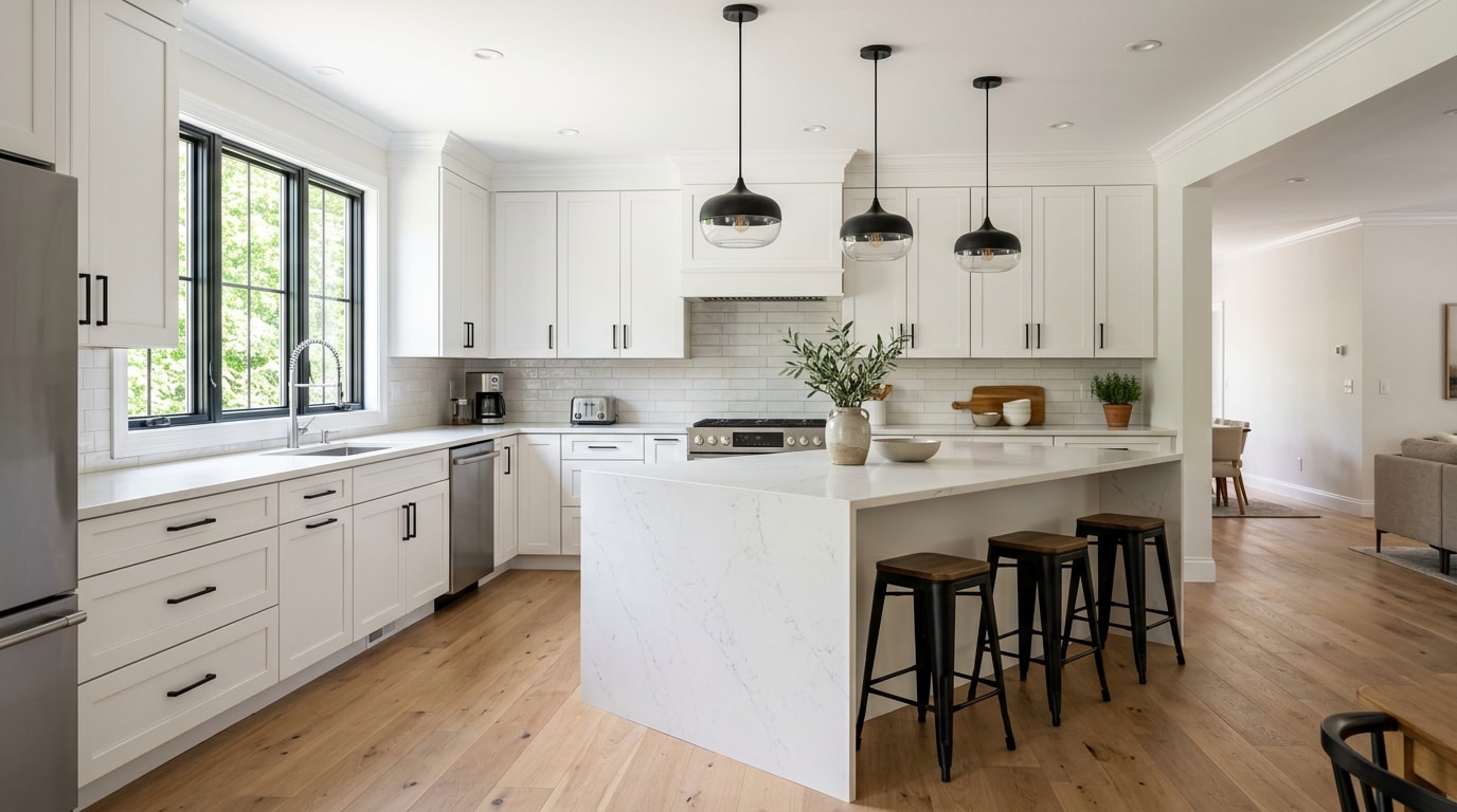 Finished modern kitchen remodel with white cabinets and quartz island in a Stillwater, MN home
