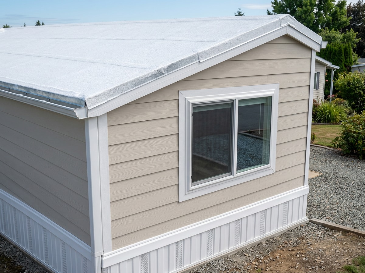 Mobile home exterior with new roof coating, vinyl skirting, and replaced windows