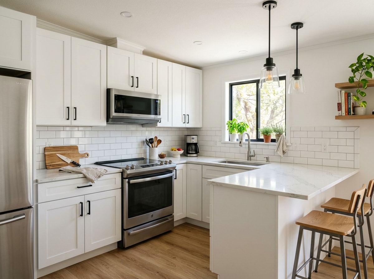 Updated manufactured home kitchen with new cabinets, countertops, and backsplash