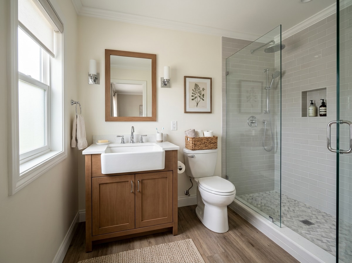 Remodeled mobile home bathroom with new vanity, tile, and fixtures