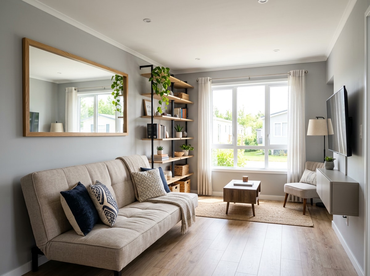Small-space mobile home living room with multifunctional furniture and vertical storage