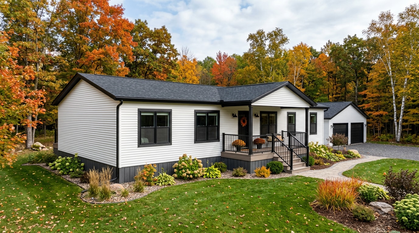 Remodeled manufactured home exterior with new roofing, siding, and skirting in a Minnesota neighborhood
