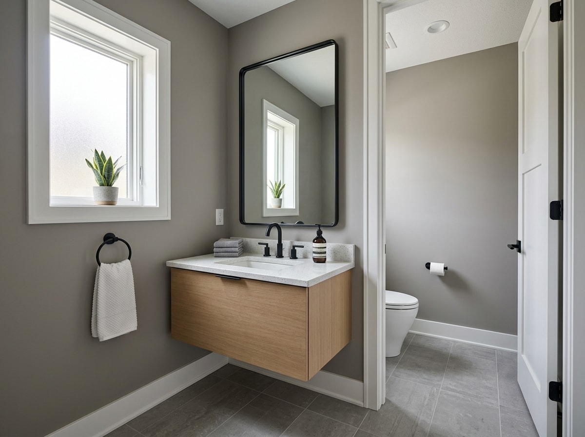 Finished powder room remodel with modern vanity and tile flooring in a Vadnais Heights, MN home
