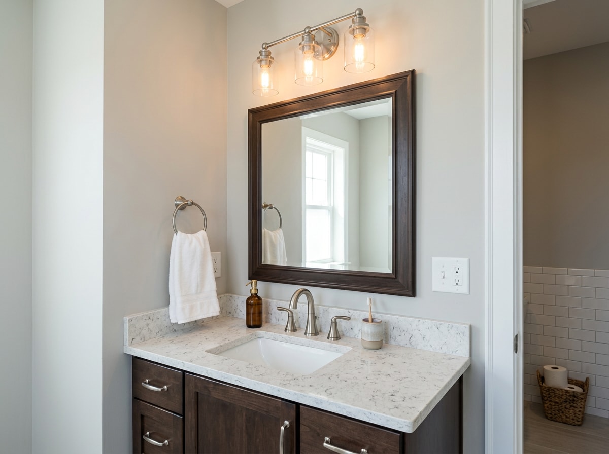 Updated powder room vanity and lighting fixtures after a cosmetic refresh