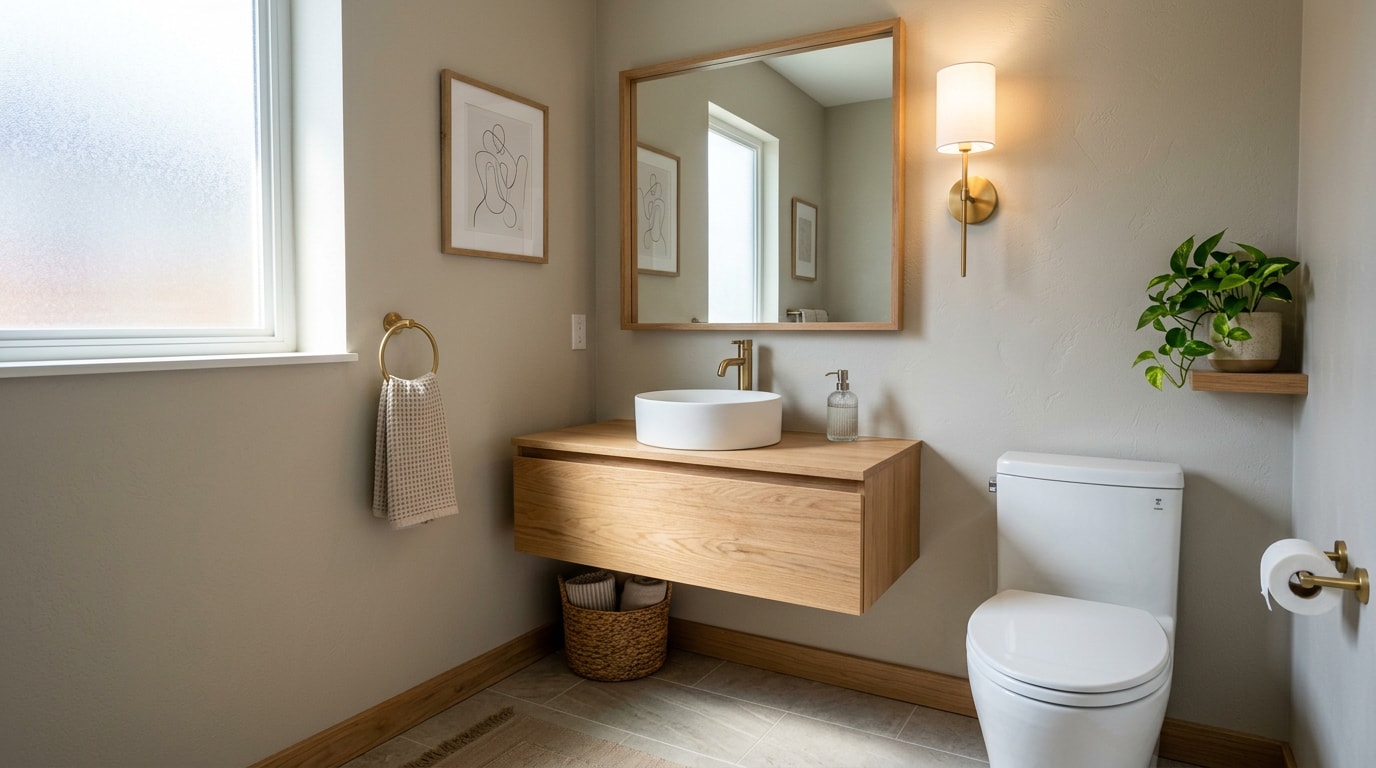 Finished powder room remodel with floating vanity and modern lighting