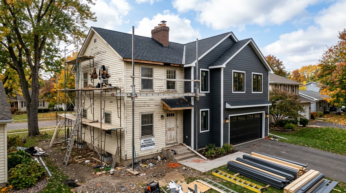 Suburban Woodbury, MN home undergoing exterior remodeling with new siding installation