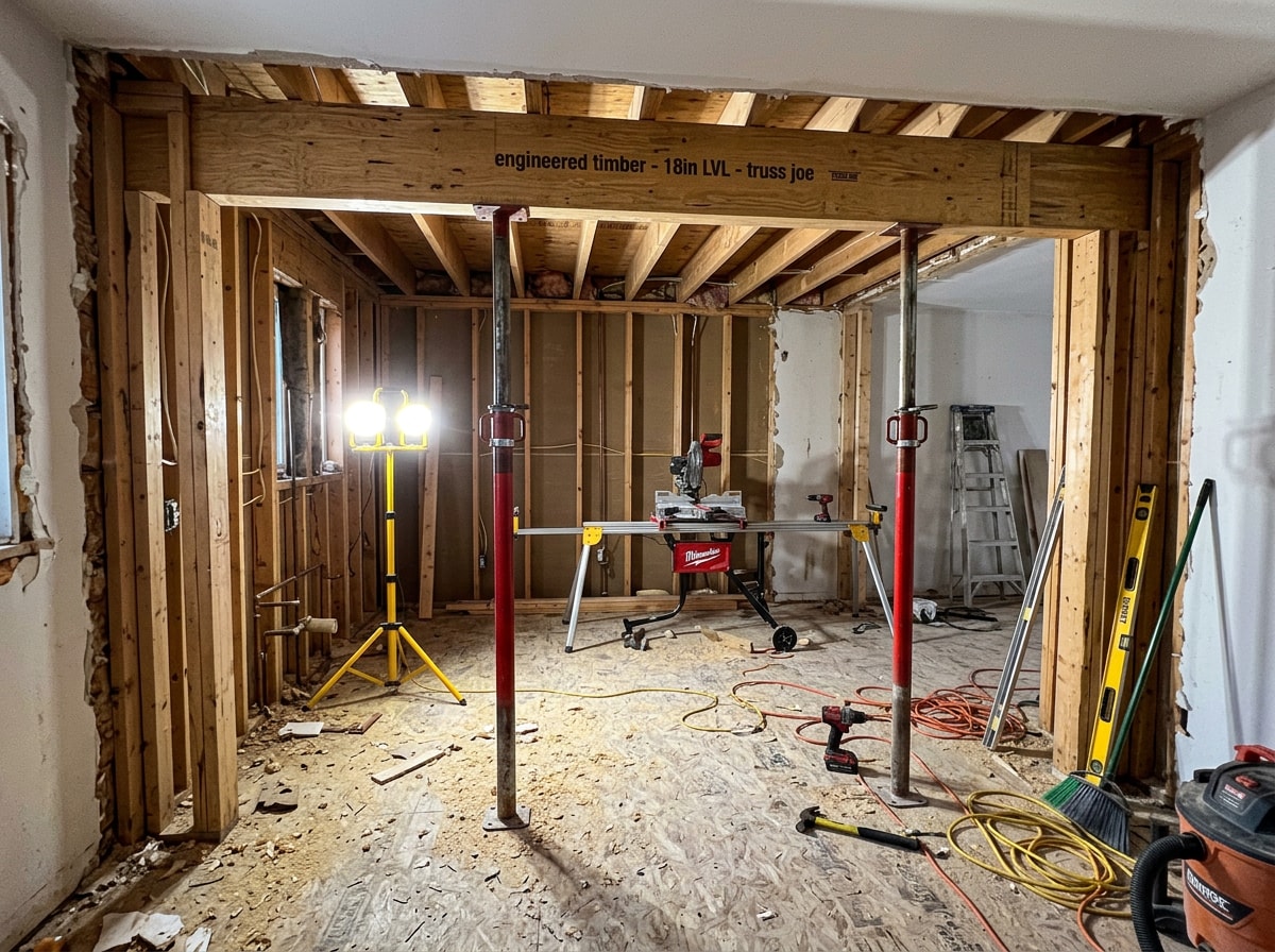 Temporary shoring and beam installation during a North Oaks structural remodel