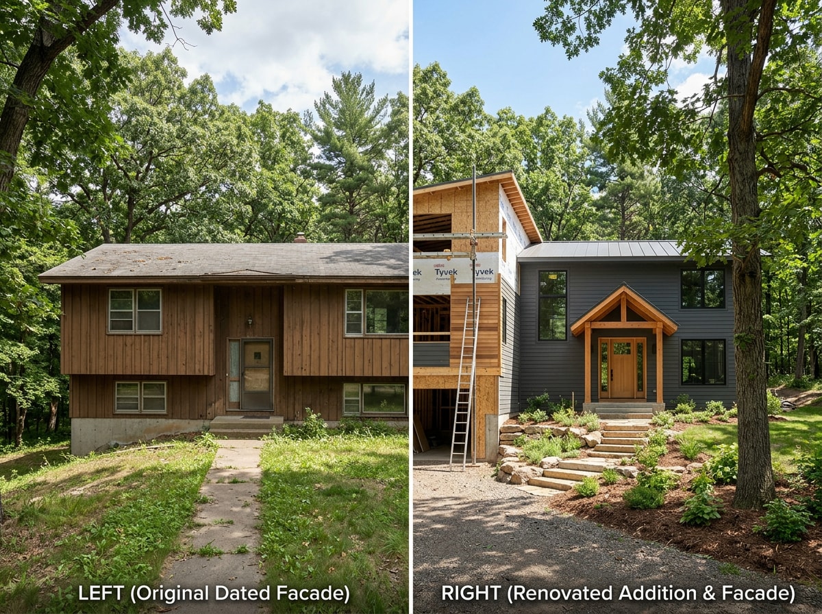 Before and after exterior view of a wooded-lot North Oaks home undergoing structural remodeling
