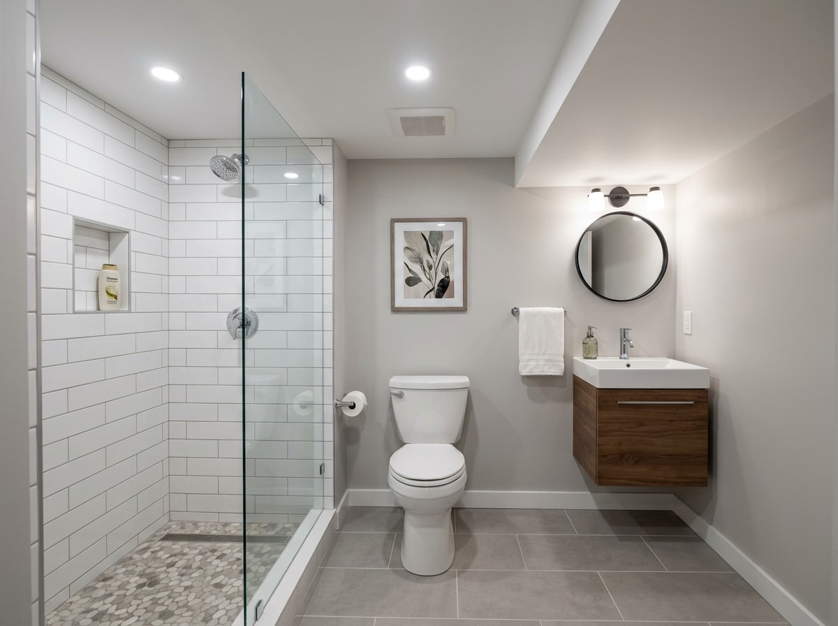 Finished 5x8 basement three-quarter bathroom with shower, toilet, and vanity