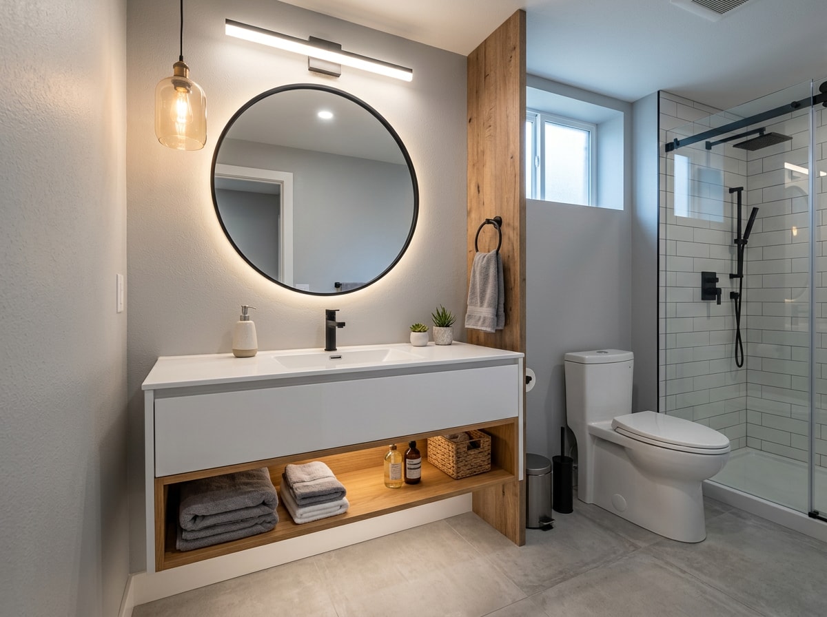 Floating vanity with open shelving in a small basement bathroom