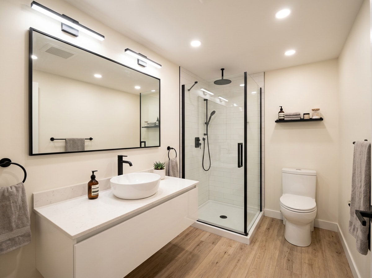Basement bathroom with light neutral paint and modern fixtures