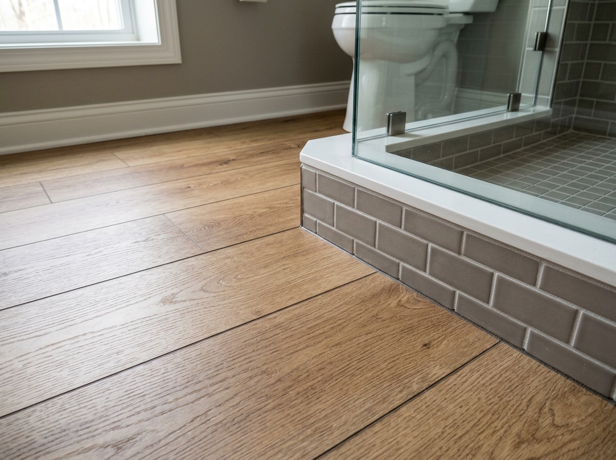Waterproof luxury vinyl plank flooring installed in a basement bathroom