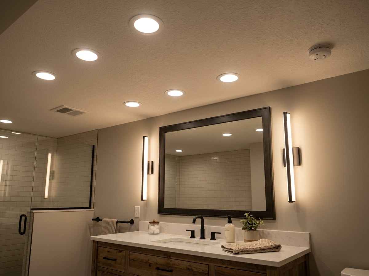 Basement bathroom with recessed ceiling lighting and vanity sconces