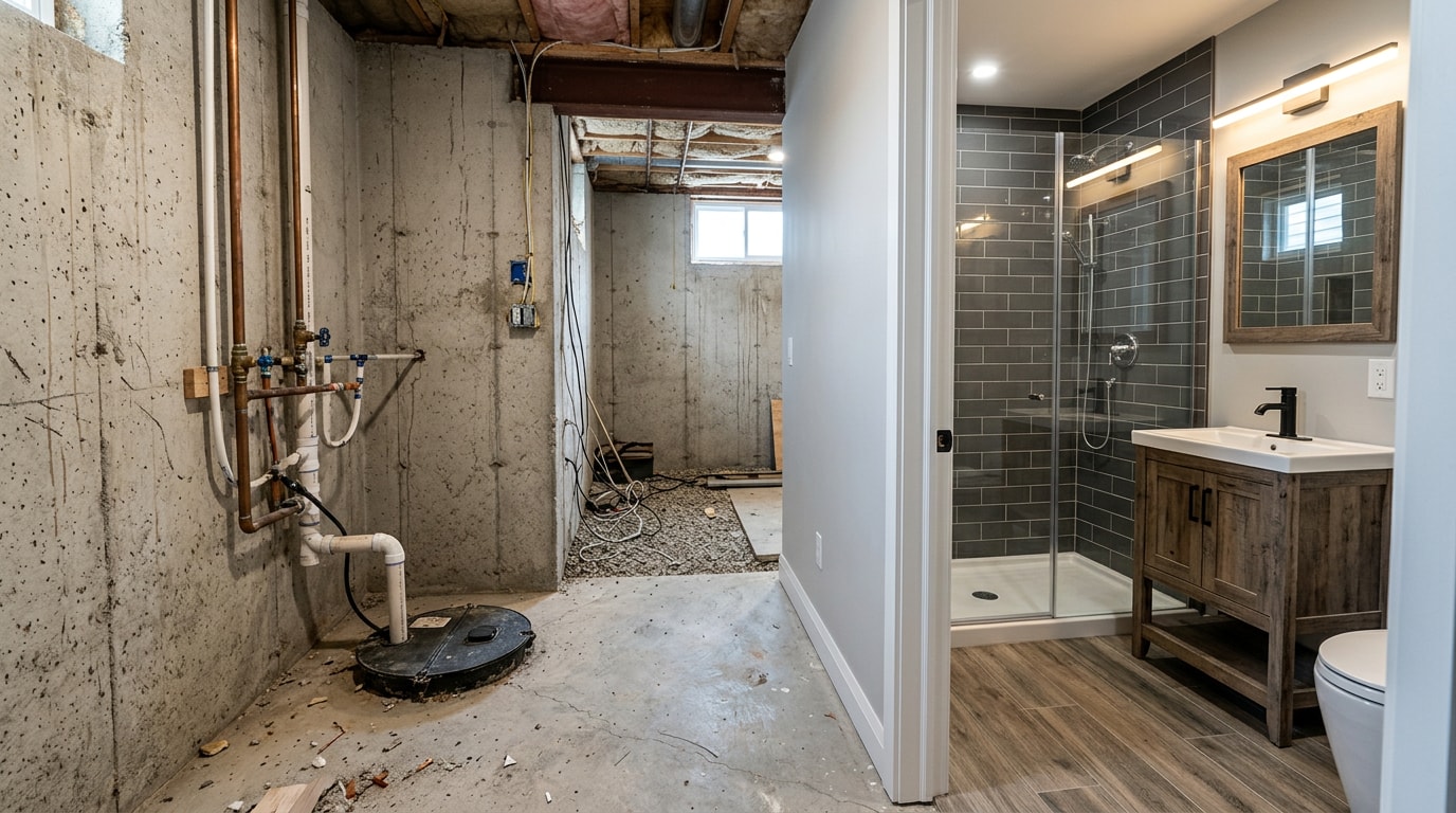 Unfinished basement space transitioning into a newly finished basement bathroom