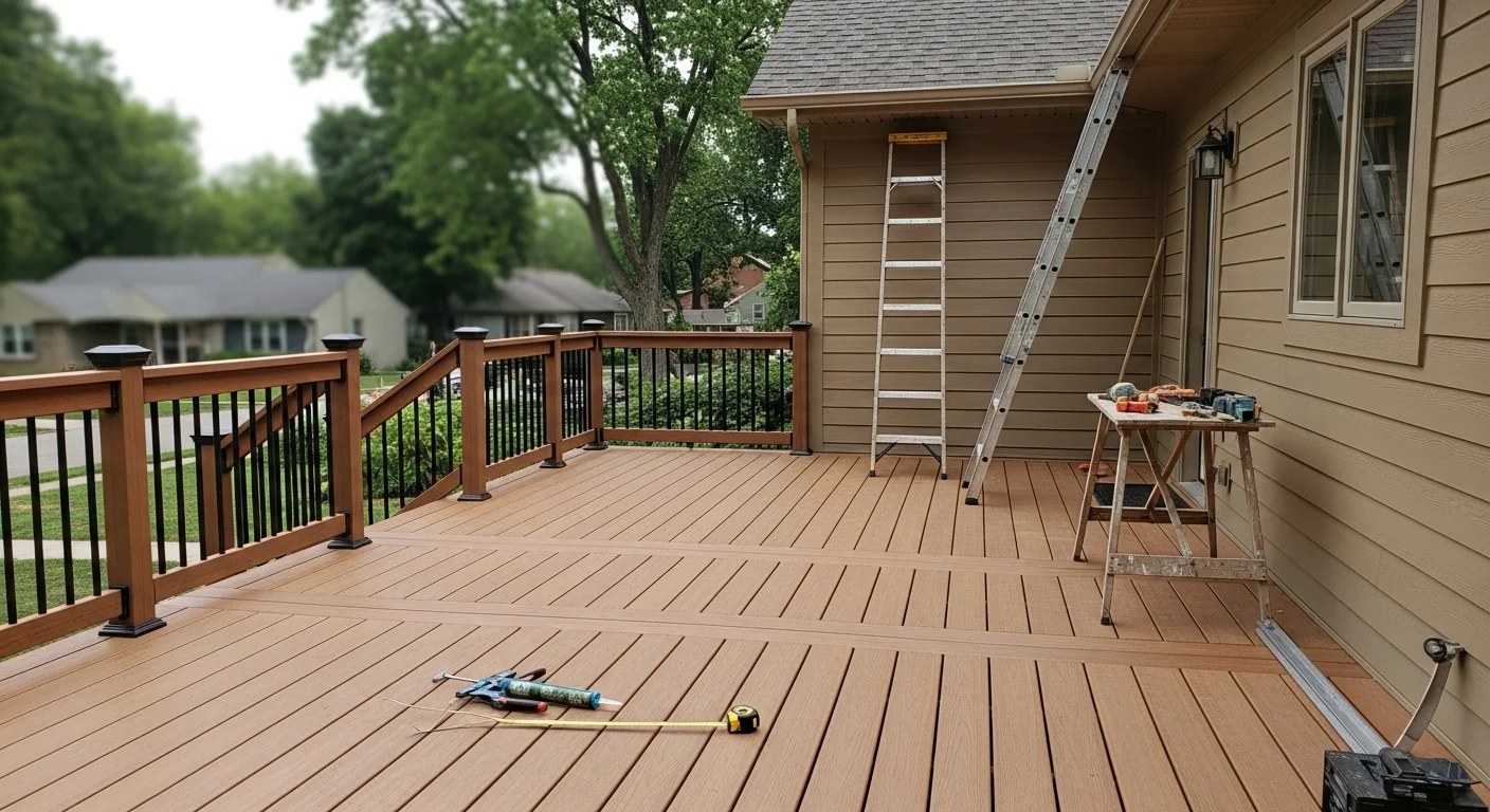 Newly installed deck and siding on residential home exterior