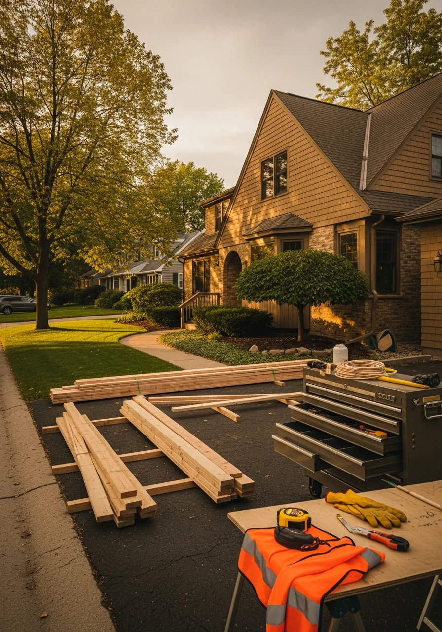 A contractor and homeowner discussing a project at a Vadnais Heights property, showing professional communication and community partnership.