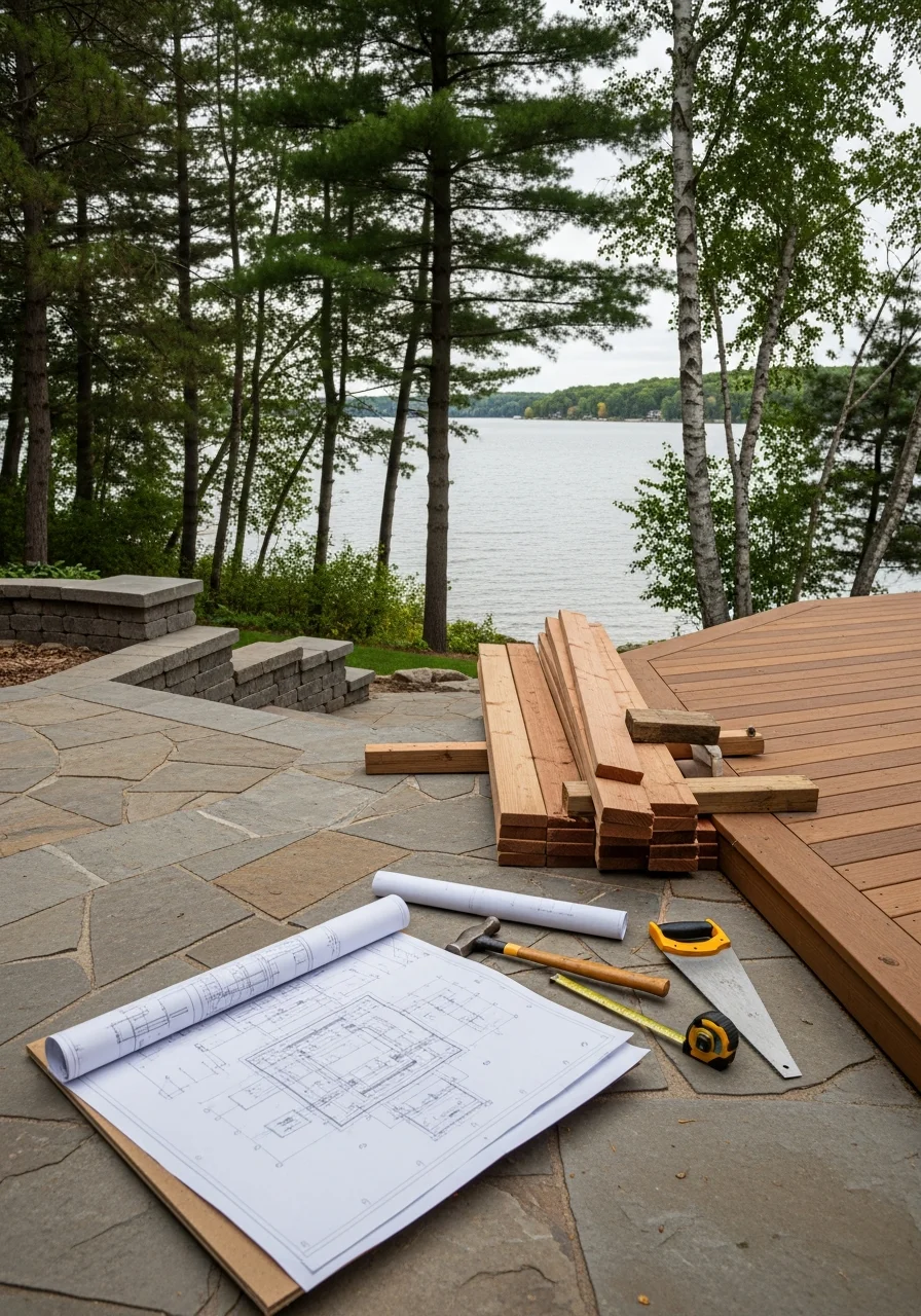 A contractor working on a White Bear Lake property with lake views visible in the background, showing professional service in a premium residential setting.
