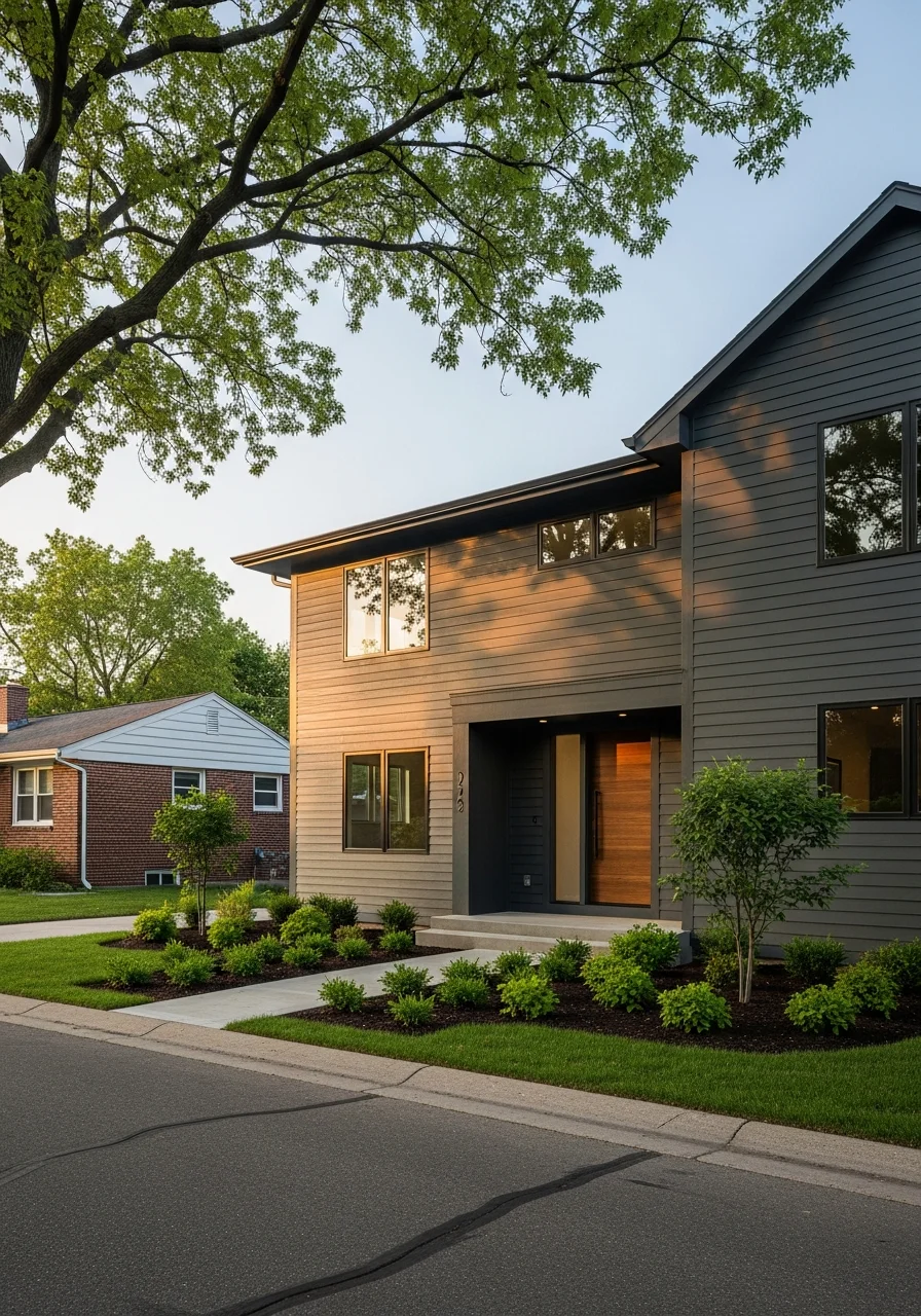 A contractor and homeowner standing in front of a completed Woodbury renovation project, demonstrating professional partnership and craftsmanship.