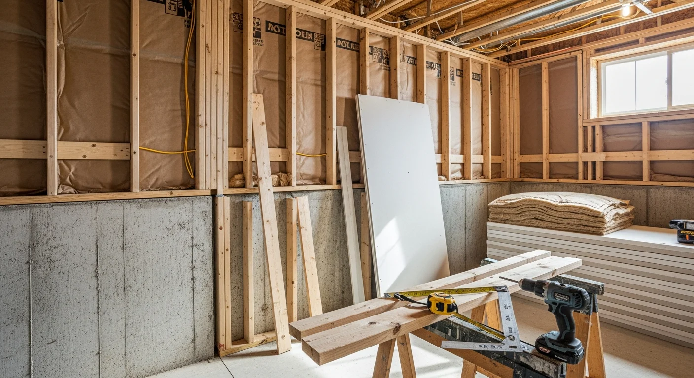 Finished basement in a Hugo, MN home featuring framed drywall walls, recessed lighting, and moisture-resistant flooring. The space is set up as a family room with an open layout typical of Washington County residential construction.