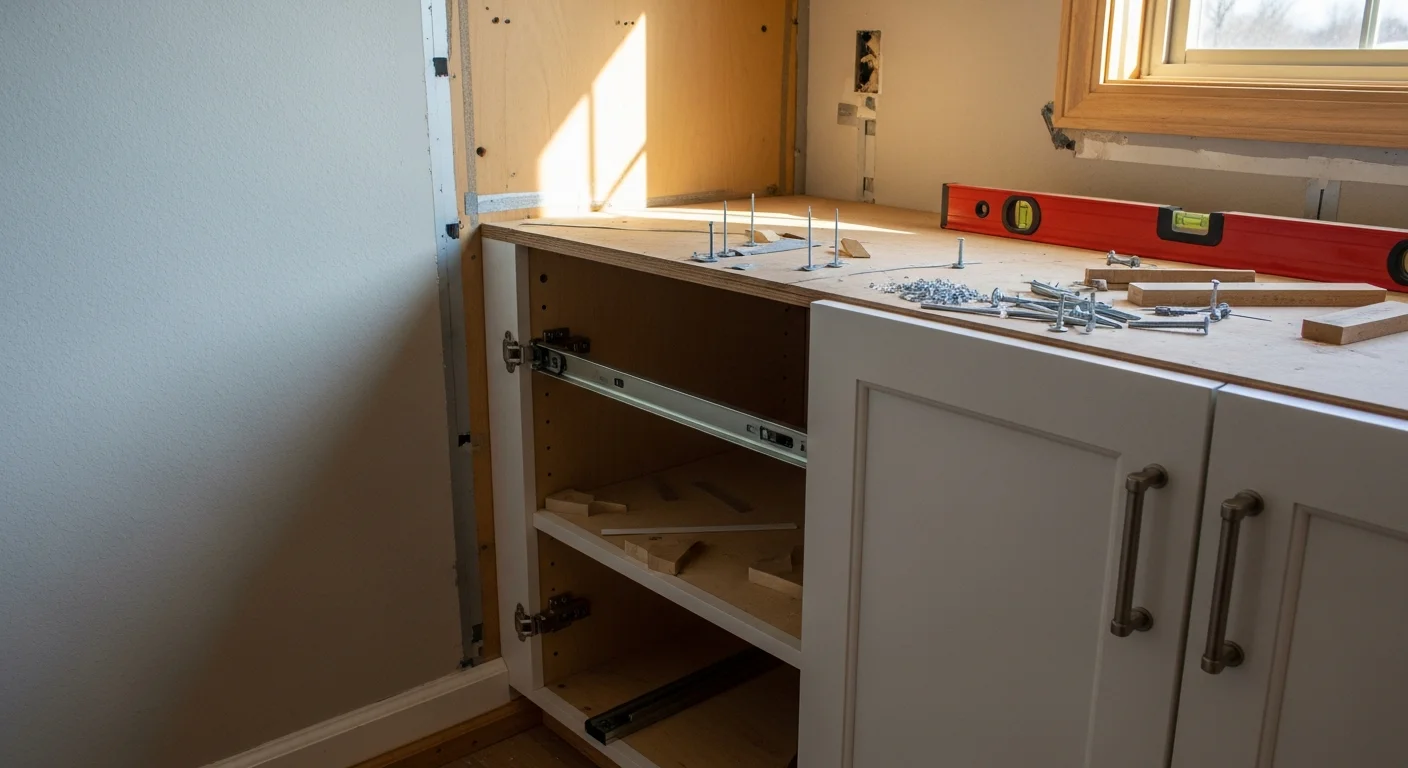 Newly installed white shaker kitchen cabinets with open shelving in a single-family home in Hugo, MN. Base and wall cabinets are fully fitted with hardware and aligned above a clean countertop surface.