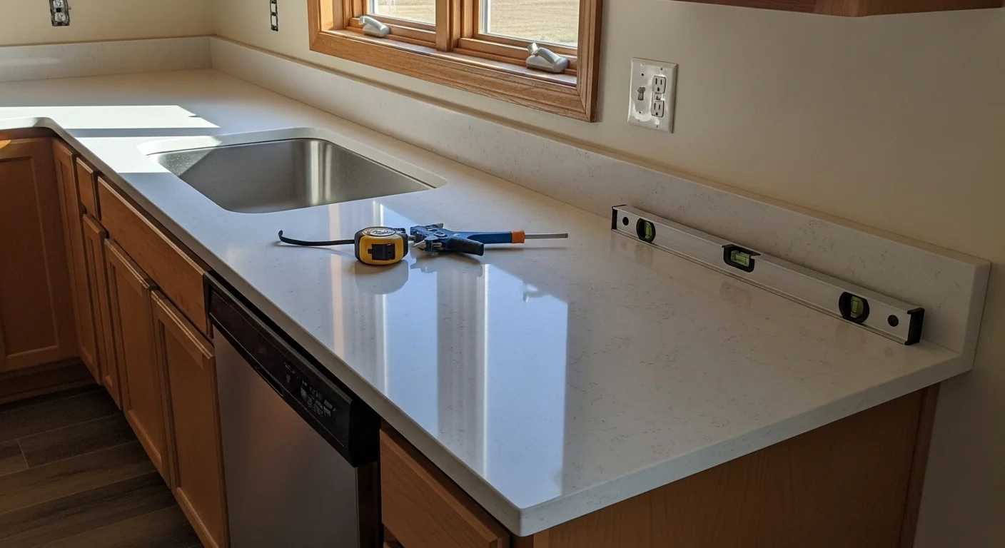 Newly installed kitchen countertop with a clean sink cutout and finished edges inside a single-family home in Hugo, MN. The surface runs along white base cabinets with a window above the sink area.