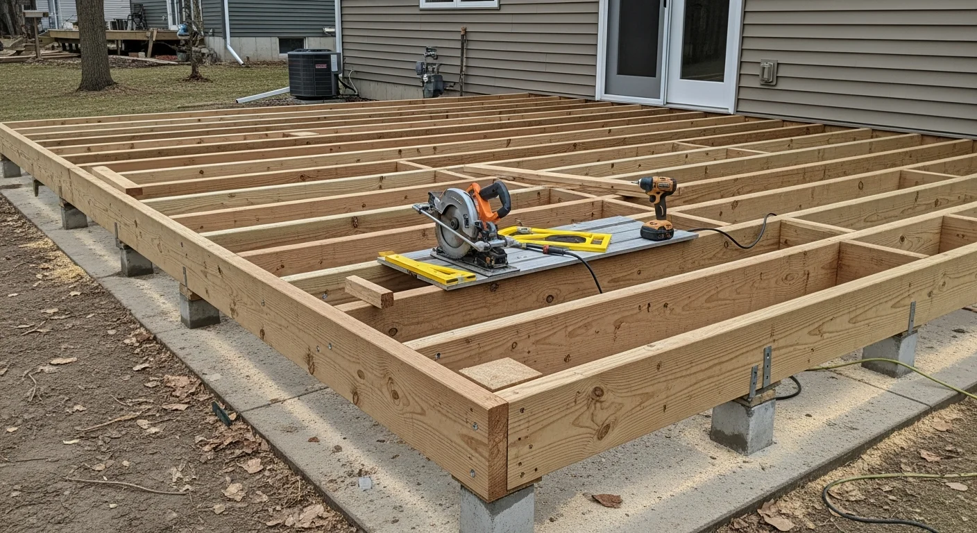 A newly installed wood-framed deck with railings attached to the back of a single-family home in Hugo, Minnesota. The structure includes stairs leading to a flat backyard with a tree line visible in the background.