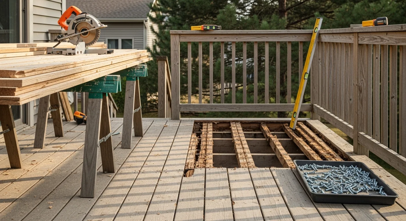 A repaired backyard deck on a single-family home in Hugo, MN, showing replaced decking boards and reinforced railing posts. The deck structure is clean and level with no visible rot or separation at the board joints.