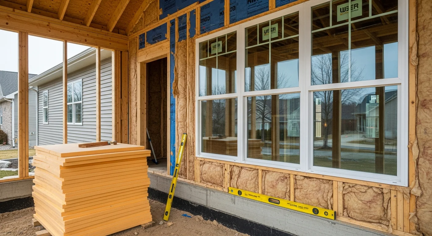 A newly constructed four-season porch on a Hugo, Minnesota home, featuring multi-pane windows on three sides and insulated exterior walls that match the home's existing siding. The interior shows a finished, climate-controlled living space with natural light and a view of a residential backyard.