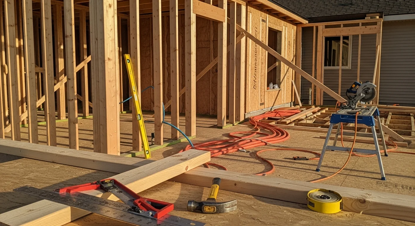 A newly completed single-story home addition in Hugo, Minnesota, with framed exterior walls and roofline matching the original house. The addition extends the rear of a residential property on a wooded lot typical of the Hugo area.