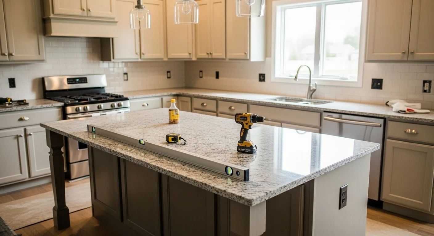A newly installed kitchen island with a countertop overhang and base cabinet storage in a Hugo, MN single-family home kitchen. The island is centered in the room with clear aisle space on all sides and overhead lighting above the work surface.