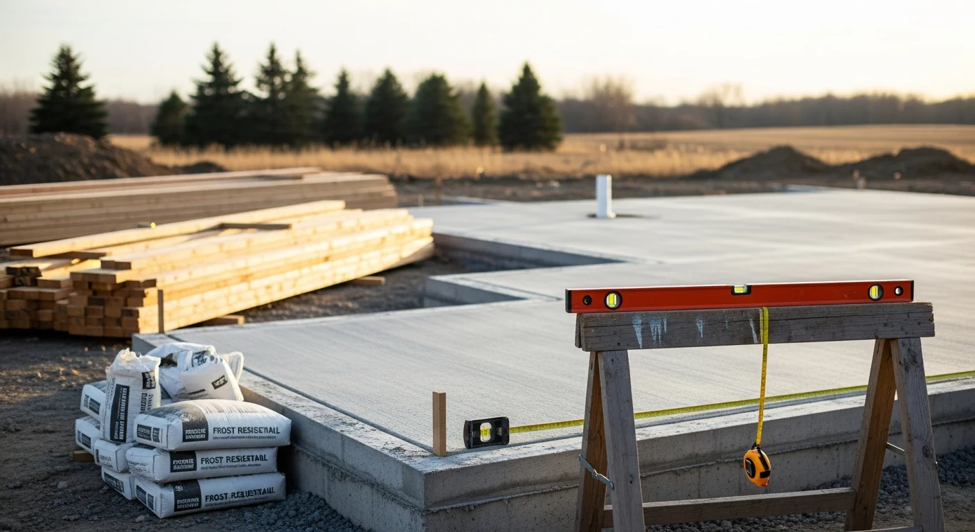 A newly framed single-family home under construction on a residential lot in Hugo, Minnesota, with exposed wood framing and a concrete foundation visible against a clear sky. A general contractor reviews plans on-site with the structure in the background.