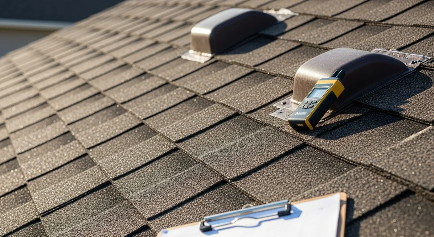 A BRZ Construction Inc roofer inspecting the shingles and flashing on a single-family home in Hugo, MN. Close-up view of the roofline showing post-storm assessment in a residential Washington County neighborhood.